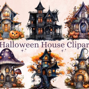 40 PNG Watercolor Halloween House Clipart, Haunted Mansion Illustrations Clip art, Pumpkin Fairy House png, Spooky Witch House Sublimation