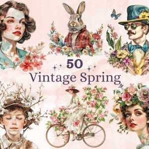 50 PNG aquarelle vintage printemps Clipart, fleurs printemps femme Illustrations Clip art, nostalgique rétro éphémère Png, sublimation de lapin de Pâques