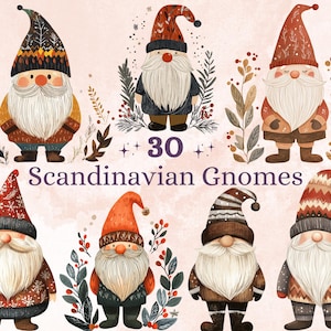 May include: A set of 30+ watercolor illustrations of Scandinavian gnomes. The gnomes are wearing colorful hats and sweaters, and they have white beards. The illustrations are perfect for adding a touch of whimsy to your holiday crafts.