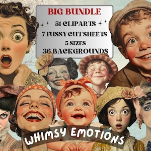 Whimsy Emotions Collage Elements, Surreal People Feelings Fussy Cut, Woman Emotions Clipart, Whimsical Junk Journal, Mixed Media Art Sheet