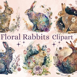 19 PNG Watercolor Floral Rabbits Clipart, Rabbit Clip Art Watercolour Bundle, Spring Flowers Easter Bunnies Clipart, Floral Easter Bunny png