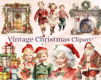 42 PNG Watercolour Vintage Christmas Bundle Clipart, Retro Christmas Illustrations Clip art, Winter Holiday png, Xmas Sublimation Ephemera