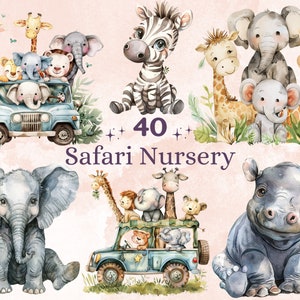 40 PNG Watercolor Safari Nursery Clipart, Newborn Baby Shower Illustration Clip art, Safari Adventure png, Jungle Baby Animals Sublimation