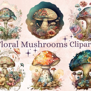 20 PNG aquarel bloemen paddestoelen clipart, paddestoel illustraties, magische paddestoel clipart, magische mystieke paddestoelen, fantasie clipart, magische kunst
