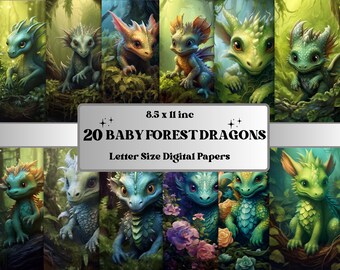 Könnte beinhalten: 20 digitale Papiere mit niedlichen Baby-Wald-Drachen in verschiedenen Posen und Farben. Die Papiere sind im Letter-Format und perfekt für Scrapbooking, Kartenherstellung und andere Bastelprojekte.