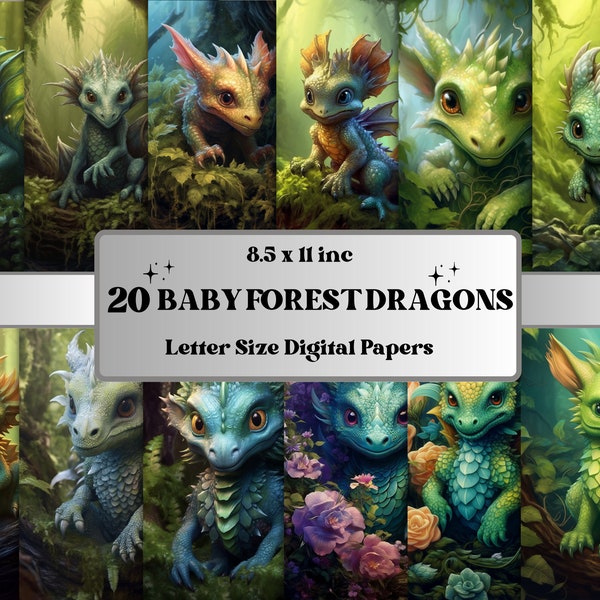 Printable Baby Forest Dragons Digital Paper, Little Dragon Digital Paper, Fantasy Dragon Cards, Download Junk Journal Kit, Scrapbooking Set