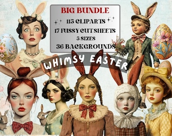 May include: Whimsy Easter digital clipart bundle featuring 115 clipart images, 17 fussy cut sheets in 5 sizes, and 36 backgrounds. The image shows a collection of whimsical illustrations of children dressed in bunny costumes, holding Easter eggs and flowers.