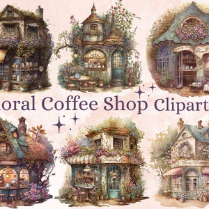 18 PNG acuarela floral cafetería Clipart, imágenes prediseñadas de café, ilustración de cafetería de París, arte de papel, álbum de recortes, imágenes prediseñadas de diario basura