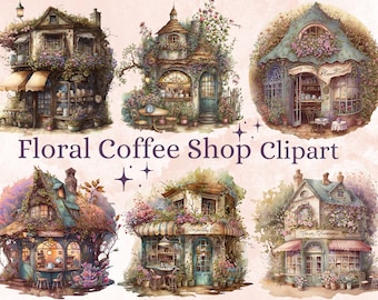 18 PNG Watercolor Floral Coffee Shop Clipart, Cafe clip art, Paris Coffee Shop Illustration, paper craft, scrapbooking, junk journal clipart