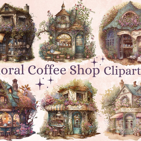 18 PNG Watercolor Floral Coffee Shop Clipart, Cafe clip art, Paris Coffee Shop Illustration, paper craft, scrapbooking, junk journal clipart