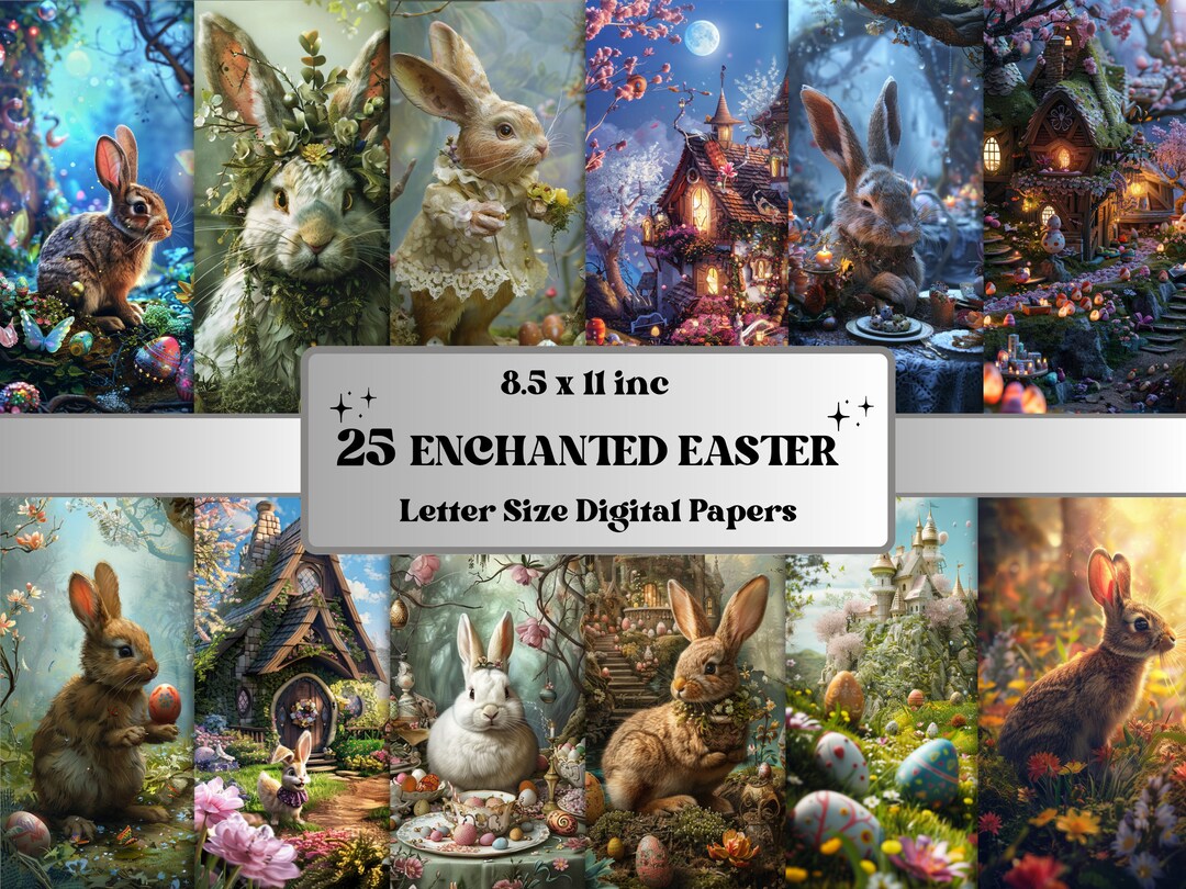 Printable Enchanted Easter Digital Paper, Easter Rabbit Ephemera ...