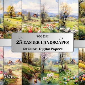 Printable Watercolor Easter Landscape Digital Paper, Ephemera Collage, Easter Scenes Pages, Easter Junk Journal, Scrapbooking, Card Making