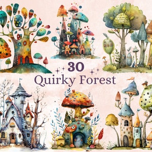 30 png-aquarel eigenzinnige bos clipart, grillige paddestoel illustraties illustraties, grappige bosrijke scènes png, eigenzinnige botanische sublimatie