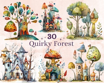 30 PNG Watercolor Quirky Forest Clipart, Whimsical Mushroom Illustrations Clip art, Funny Woodland Scenes png, Quirky Botanical Sublimation