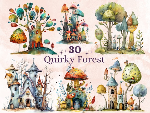 30 PNG Watercolor Quirky Forest Clipart, Whimsical Mushroom Illustrations Clip art, Funny Woodland Scenes png, Quirky Botanical Sublimation