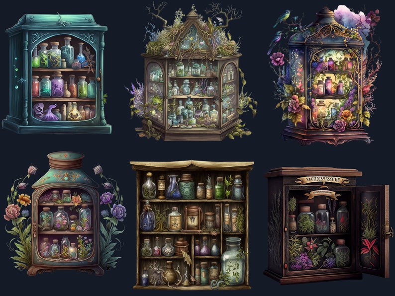 20 PNG Watercolor Witches Apothecary Cabinet Clipart, Wiccan png, magic clip art, mystical clipart, witchcraft png clipart, Potion clipart
