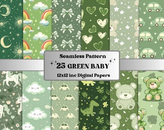 Seamless Green Baby Pattern Paper, Green Baby Nursery Ephemera, Seamless New Baby Shower Pages, Newborn Background, Teddy Bear Patterns