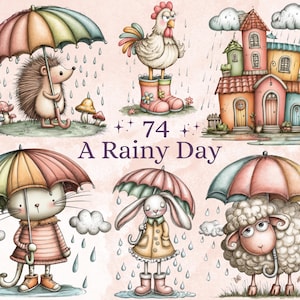 Może przedstawiać: Ilustracja akwarelowa przedstawiająca jeża, koguta, dom, kota, królika i owcę, każdy pod kolorowym parasolem. Widoczny jest tekst "A Rainy Day". Obraz ma miękką, pastelową paletę kolorów.