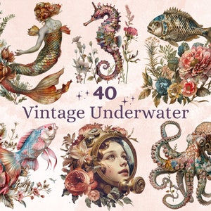 40 PNG Aquarell Vintage unter dem Meer Clipart, Retro Ozean Blumen Clip Art, Meerestiere png, Sealife Sublimation, Unterwasser Junk Journal