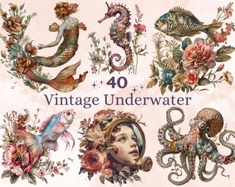 40 PNG Watercolor Vintage Under the Sea Clipart, Retro Ocean Floral Clip art, Sea Animal png, Sealife Sublimation, Underwater Junk Journal