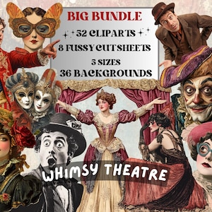 Pack de collages théâtre fantaisistes, feuilles simples de théâtre éphémères, album d'artiste, arrière-plan surréaliste, collection de découpes d'art numérique