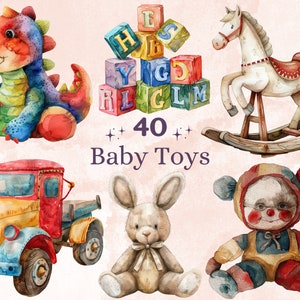 40 Clipart de brinquedos para bebês em aquarela PNG, clipart de ilustração de brinquedos de madeira fofos, bebê recém-nascido em pastel png, sublimação neutra de brinquedos de animais ecológicos