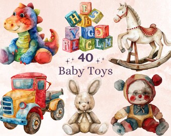 40 PNG acuarela juguetes de bebé Clipart, lindos juguetes de madera ilustración Clip art, pastel recién nacido bebé png, sublimación de juguetes de animales ecológicos neutros