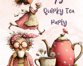 Paquete de imágenes prediseñadas de una fiesta de té con extravagantes ilustraciones PNG florales de la hora del té (descarga digital, uso comercial)