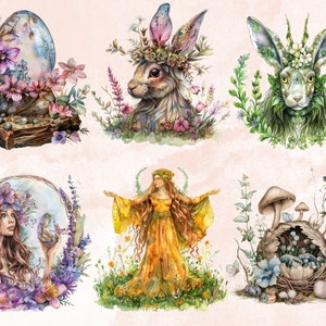 60 PNG Watercolor Ostara Clipart, Floral Spring Equinox Art Illustrations Clip art, Wheel of the Year png, Pagan Ostara Goddess Sublimation