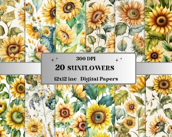 Sonnenblumen digitales Papier, Frühling Sonnenblumen Papier Pack, Vintage Blumen Journal und Scrapbooking Seiten, Sonnenblumen Hintergrund, Sonnenblumen Karten