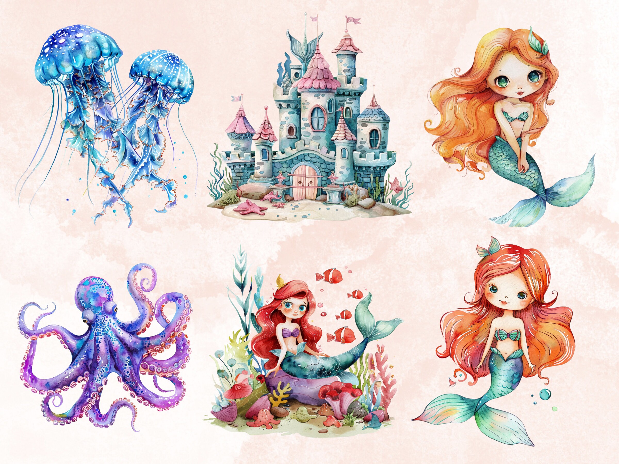 80 PNG Watercolor Mermaid Nursery Clipart, Little Mermaid Baby Shower ...