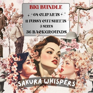 Éléments de collage Sakura Whispers, coupe délicate de printemps surréaliste fantaisiste, clipart fleurs originales, journal de fleurs de cerisier, arrière-plan des cliparts