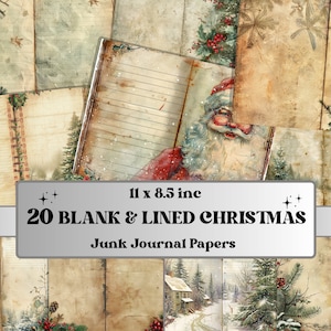 Kerst blanco en gelinieerd ongewenste dagboekpapier, dubbele pagina's Ephemera Kit, Noel collage plakboekpapier, afdrukbare horizontale digitale pagina's