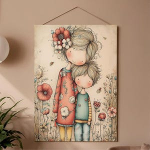 May include: A whimsical illustration of two figures, a taller one with a floral hairpiece and a smaller one, standing together. The taller figure wears a red dress with floral patterns, while the smaller figure wears a blue and green outfit. They are surrounded by flowers.
