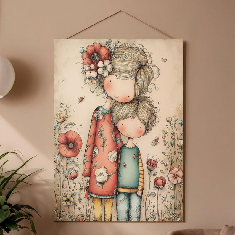 May include: A whimsical illustration of two figures, a taller one with a floral hairpiece and a smaller one, standing together. The taller figure wears a red dress with floral patterns, while the smaller figure wears a blue and green outfit. They are surrounded by flowers.