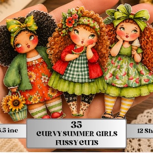 Könnte beinhalten: Drei Papierschnitte von Cartoon-Mädchen mit lockigem Haar, die Kleider tragen und sommerliche Gegenstände halten. Die Mädchen tragen Kleider mit Blumen- und Fruchtmustern. Der Text auf dem Bild lautet "35 Curvy Summer Girls Fussy Cuts".