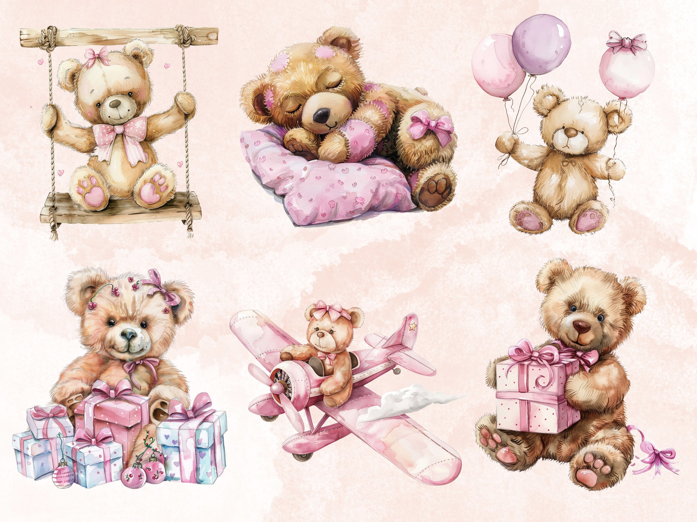 40 PNG Watercolor Pink Teddy Bear Clipart, Baby Shower for a Girl ...