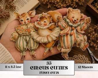 Circus Cuties Fussy Cut Printable, 35 Whimsical Circus Animals Cutouts, Carnival Ephemera Junk Journal Scrapbook Sheets