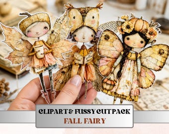 Fall Fairy Fussy Cuts & Clipart, Quirky Autumn Fairy Cut Outs, Fantasy Ephemera, Junk Journal Scrapbook Kit, Magical Paper Craft