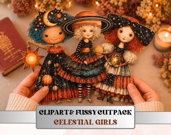 Celestial Girls Fussy Cuts, Printable Cut Outs, Moon Star Ephemera, Junk Journal Scrapbook Pack, Mystical Paper Craft
