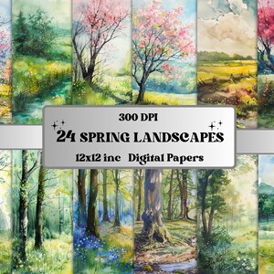 Druckbare Aquarell Frühling Landschaften Digitales Papier, Frühling Waldszenen Junk Journal Kit, Blumenwald Hintergrund, Wiese Kulisse