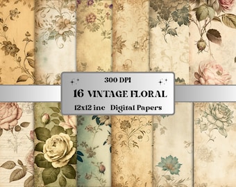 Vintage Floral Digital Paper, Vintage old spring floral paper, flowers digital papers pack, Printable Ephemera Journal Scrapbooking Paper
