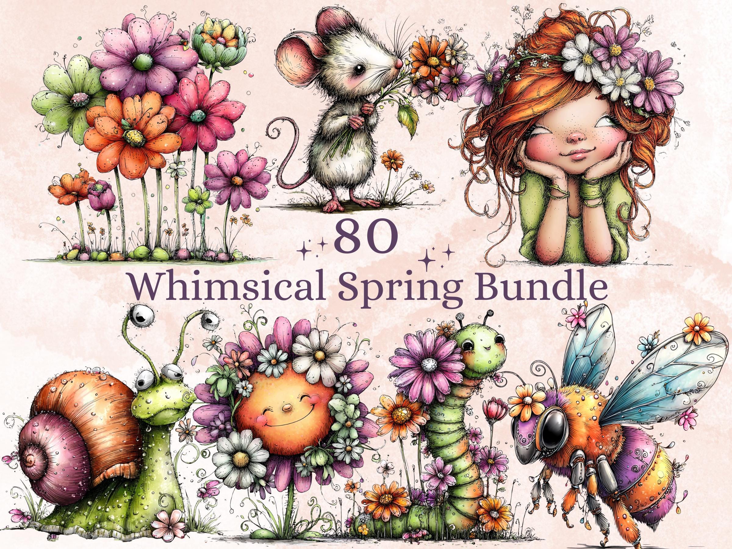 Whimsical Spring Clipart Bundle, Quirky Floral Easter PNG Illustrations ...