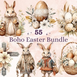 55 PNG Aquarela Boho Easter Bundle Clipart, Boho Easter Egg Illustrations Clip art, Sublimação de coelhinho da Páscoa, Country Spring Ephemera