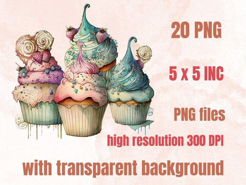 20 PNG Watercolor Magical Cupcakes Clipart, Gothic Cupcake Clip Art, Floral Cupcakes, Dessert clipart set, Floral Bakery Dessert Sublimation