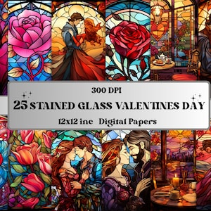 Druckbare Glasmalerei Valentinstag digitales Papier, romantische Valentinstag Ephemera, Blumen Herz Seiten, Junk Journal, Scrapbooking, Karten