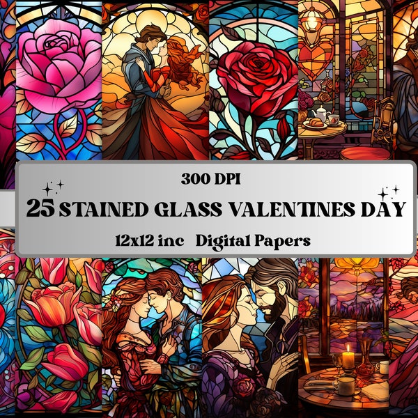 Printable Stained Glass Valentine's Day Digital Paper, Romantic Valentine Ephemera, Floral Heart Pages, Junk Journal, Scrapbooking, Cards