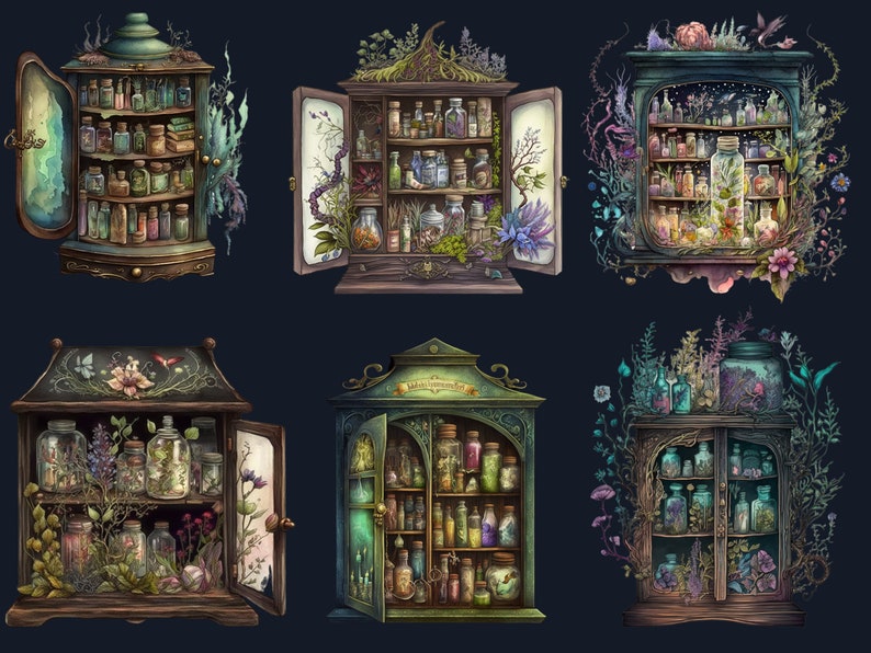 20 PNG Watercolor Witches Apothecary Cabinet Clipart, Wiccan png, magic clip art, mystical clipart, witchcraft png clipart, Potion clipart
