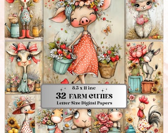 Farm Cuties Digital Paper Pack | Quirky Whimsical Barnyard Animals Junk Journal Scrapbook Printable, 32 Sheets Letter Size Instant Download