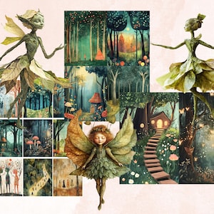Whimsy Forest Collage Elements Kit, Whimsical Surreal Woodland Fussy Cut, Quirky Weird People Clipart, Junk Journal, Clipart Background